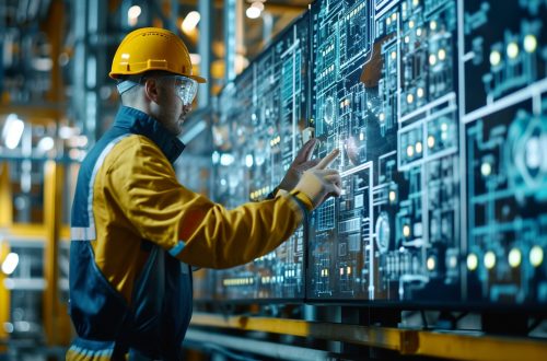 Oil worker using advanced technology to monitor and control production processes. [Oil worker using technology to monitor production Oil worker using advanced technology to monitor and control production processes. [Oil worker using technology to monitor production